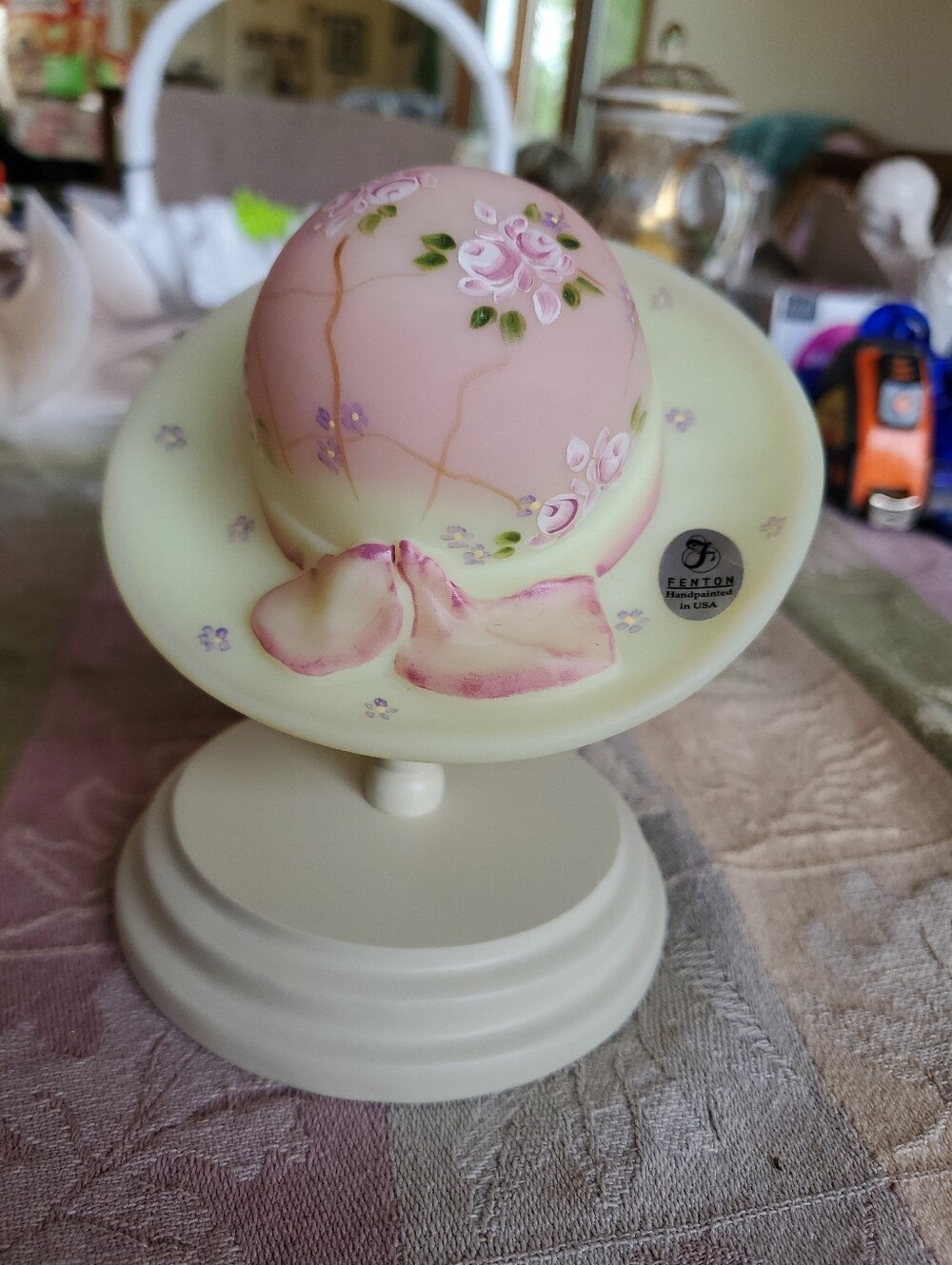 Fenton Hand Painted Bermese Art Glass Hat On Stand